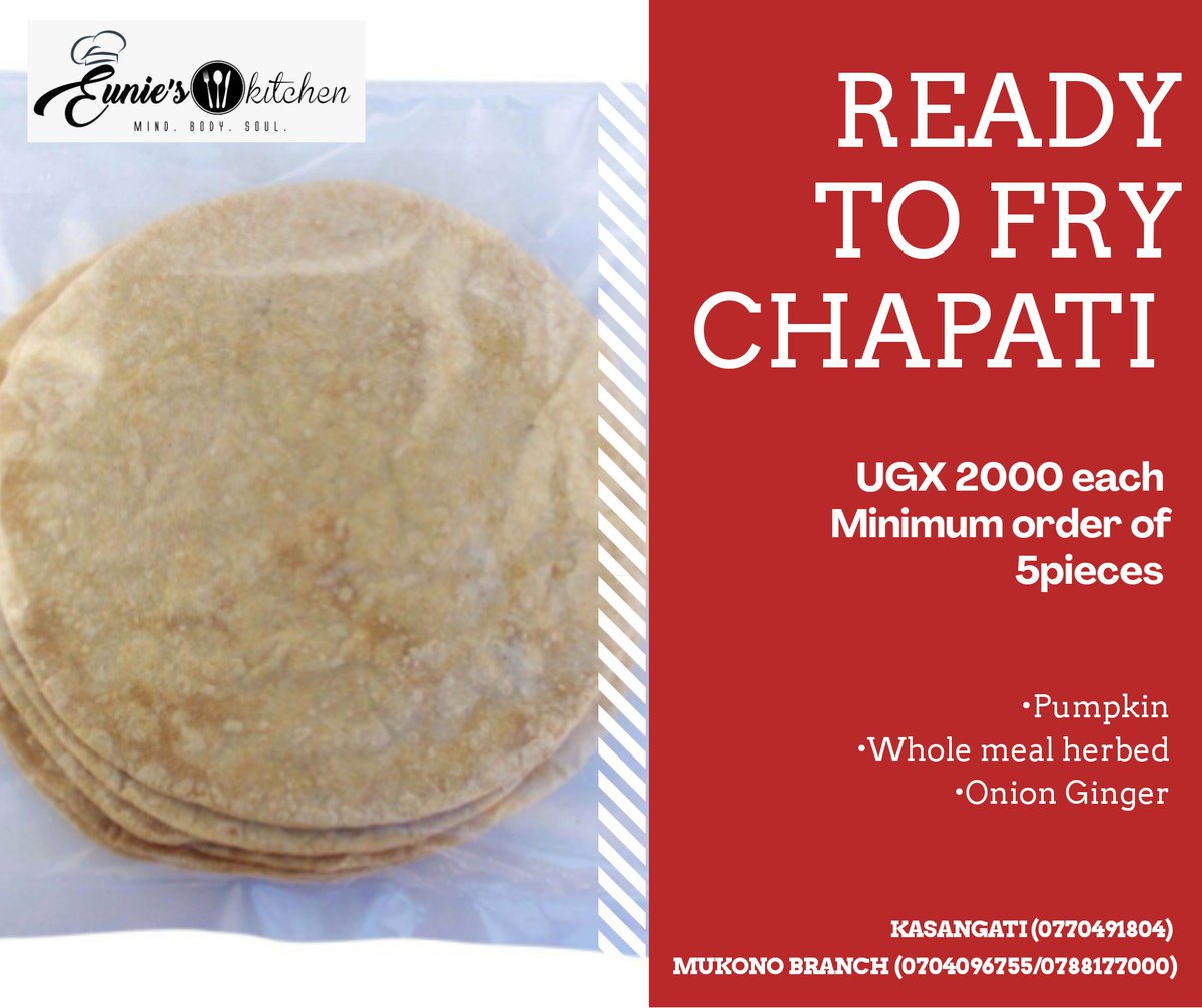EuniezKitchen's tweet photo. Grab our hassle-free ready-to-fry chapatis great for quick serve meals! Available at only UGX 2000 a piece. Minimum order of 5 pieces. 
Visit our Kasangati branch after Total Bulamu (0770491804) or Mukono at MCity Complex, Tucker Road.  (0704096755/0788177000)
#EuniezKitchen https://t.co/QlakyyzB1n
