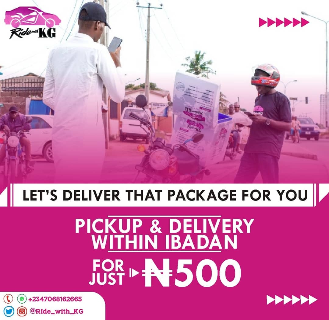 KG_Rides's tweet photo. Same Day Pick up and Delivery made easier and cheaper within Ibadan.

We are open to take your orders from 8am to 5pm everyday👍 .
Contact us by our contact on our Bio today to enjoy a thrilling and amazing delivery service here in Ibadan
#Dispatch #logisticsinibadan https://t.co/hE4Yaaigw0