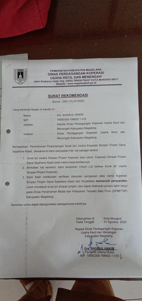 ppkljateng's tweet photo. PPKL Kab Magelang - Pendampingan Perpanjangan Surat izin Usaha Pada hari Selasa, 1 September 2020, bertempat di DPMPTSP,  PPKL Kab Magelang melakukan pendampingan perpanjangan perizinan usaha simpan pinjam KSP Dana Sejahtera Abadi.
#penyuluhkoperasi
#ppklkemenkop
#ppkljateng https://t.co/s9REmEtojF