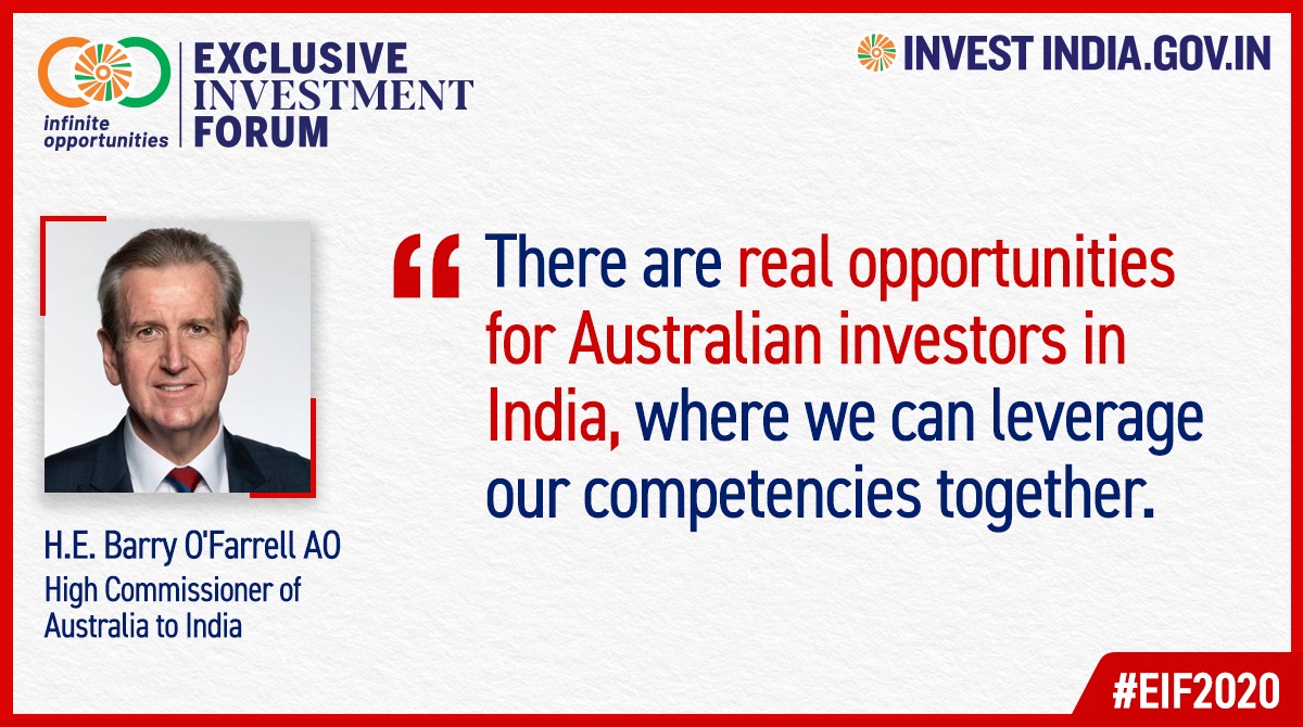 During the #EIF2020 Australia edition webinar, H.E. Barry O'Farrell AO spoke about how Australia &amp; India can partner to explore &amp; leverage numerous investment opportunities available across sectors. 

#InvestIndia <a href="/makeinindia/">Make in India</a>