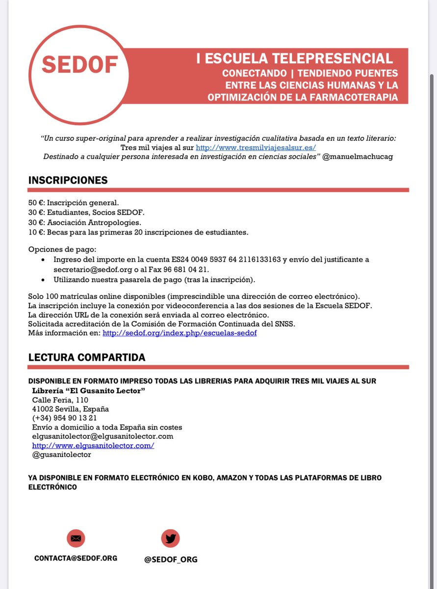 marigvaldivieso's tweet photo. Ciencias humanas y Optimización de la Farmacoterapia ; Investigación cualitativa basada en un texto literario
I ESCUELA @SEDOF_ORG TELEPRESENCIAL
https://t.co/0NISPcrr8j
#humanizalasalud #medsoptimisation #pharmaceuticalcare #anthropologie #etnografia https://t.co/0cHDo0LrZh