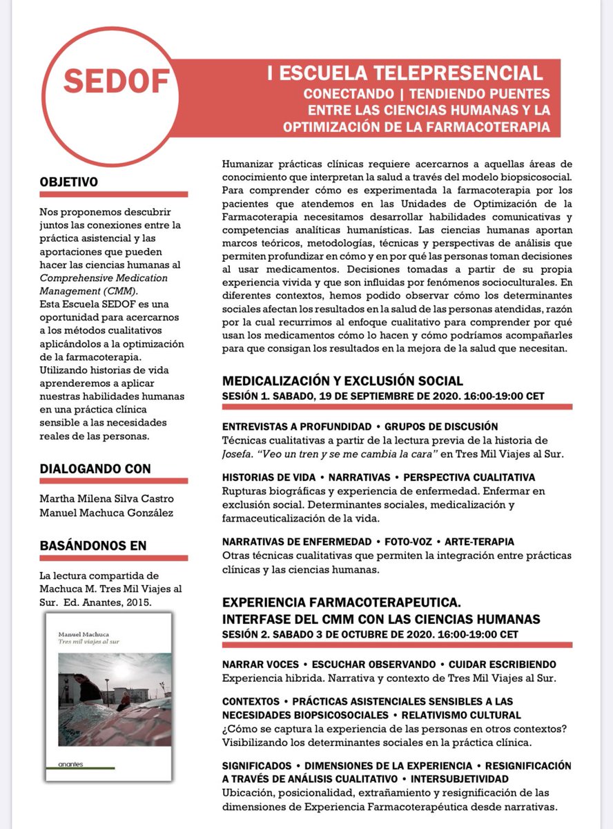 marigvaldivieso's tweet photo. Ciencias humanas y Optimización de la Farmacoterapia ; Investigación cualitativa basada en un texto literario
I ESCUELA @SEDOF_ORG TELEPRESENCIAL
https://t.co/0NISPcrr8j
#humanizalasalud #medsoptimisation #pharmaceuticalcare #anthropologie #etnografia https://t.co/0cHDo0LrZh