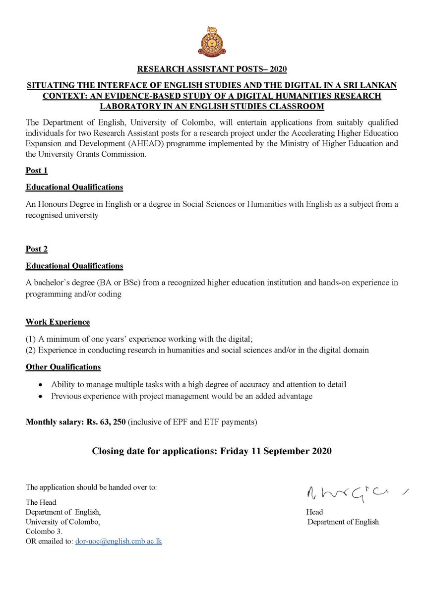 SWijewardene's tweet photo. The Department of English, University of Colombo, is calling for applications for the post of Research Assistant on its Digital Humanities- English Studies research project. Deadline is 11 September 2020. Please see ad and apply if interested. https://t.co/ITD41TnKyV