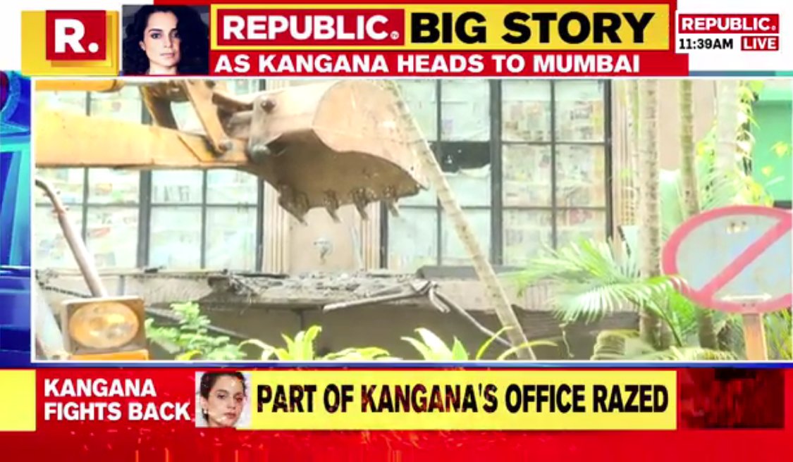 republic's tweet image. #LIVE | BMC begins demolition of Kangana Ranaut's office, inside and outside, despite her lawyer's response to their demolition notice; Tune in to watch the shocking developments here - republicworld.com/livetv.html