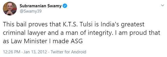 On several occasions, Swamy has regarded KTS Tulsi as "India's greatest lawyer", a "man of integrity" & his friendNow the question is, why  @Swamy39's friend & an ASG in his Law ministry fought to bury the Bofors investigation?Not much of a question, is it?5/n