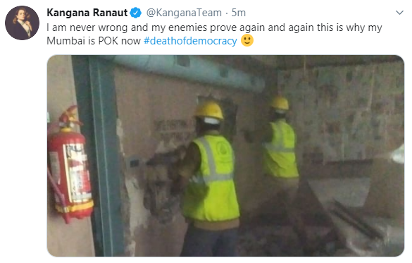 timesofindia's tweet photo. "I am never wrong and my enemies prove again and again this is why my Mumbai is POK now #deathofdemocracy," @KanganaTeam tweets 

Follow LIVE updates: https://t.co/xV9SKKRR8E https://t.co/wUkcT8JmH4