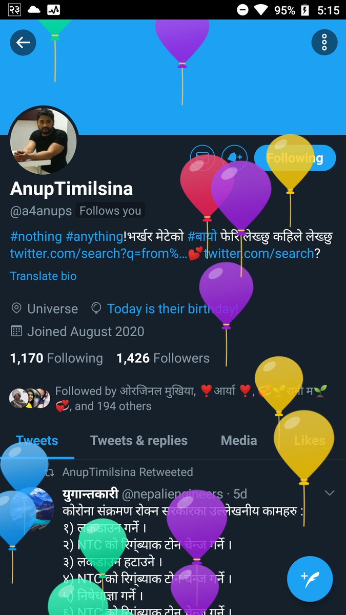 जन्मदिनको धेरै धेरै शुभकामना अनुप <a href="/a4anups/">AnupTimilsina</a> सर । साहित्यिक क्षेत्रमा केही गर्ने सक्ने मान्छे हो तपाईं र गर्नु हुन्छ म विश्वस्त छु । सुरक्षित रहनु होला । नेपाल आउनुस् रहर पुग्ने गरि वातचित गर्नु पर्छ ।