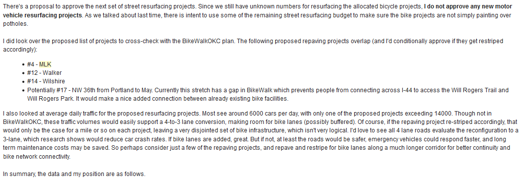 So here was my opinion on the final $24M. Note the amount of money spent on low-traffic, overbuilt roads. There are bike lane projects in BSSC that have higher ADT, and cracks that aren't just uncomfortable for drivers, but are serious issues for narrow bike tires.(38)