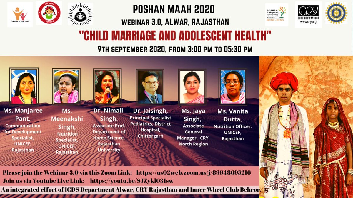 POSHAN_Alwar's tweet photo. Poshan Maah 2020 Inaugural Webinar on "Child Marriage and Adolescent Health" is being organized by ICDS Alwar. 

Date: 9th Sept 2020
Time: 3:00-5:30pm

Join us via
Zoom: https://t.co/zXcdShJ9YR
You Tube
https://t.co/9RJstue6ZZ

#POSHANMaah2020 
@CRYINDIA 
@kbansal23 
@MinistryWCD https://t.co/StPwJOSuQL