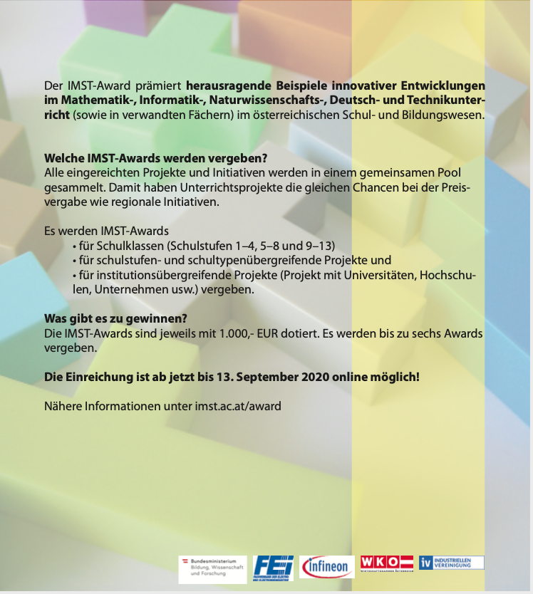 IMST Award 2020
(Einreichschluss: 13.9.2020 --> imst.ac.at/texte/index/be…)
#IMST #IMST_Award_2020