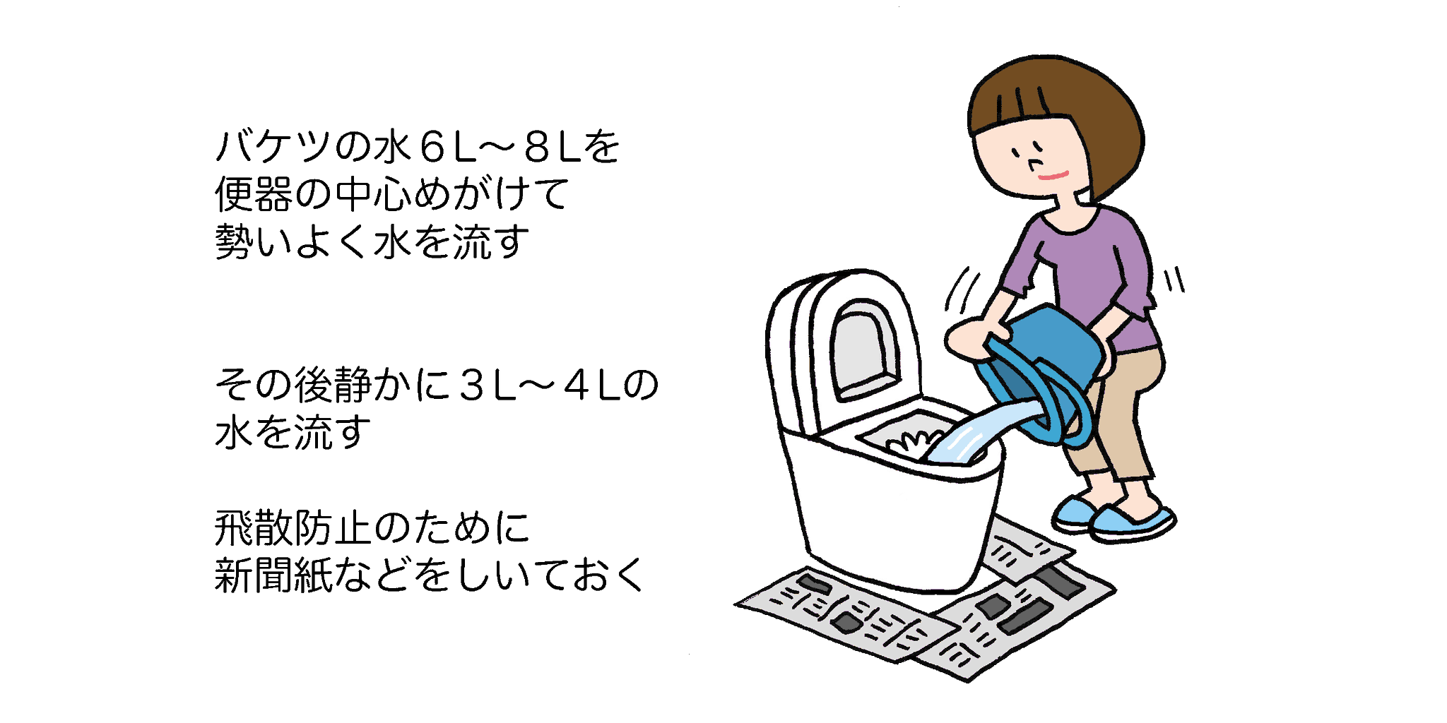 Uzivatel 防災無料イラスト Na Twitteru 停電でトイレが流せない時の対処法のイラスト T Co Lghoxtccsm うちのトイレはオールドスタイルなので問題ないですが 停電のときにトイレが流せないご家庭がけっこうあるそうです その場合はこのイラストのような方法