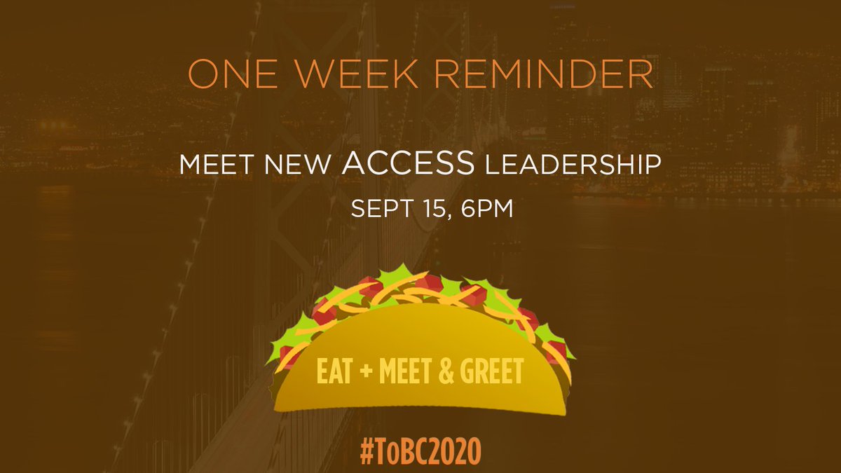 access_rj's tweet photo. We’re just ONE week away from our #TacoTuesday ACCESS Leadership Meet & Greet! We can’t wait to see YOU! Register here https://t.co/G1xQ7b9tzZ! Meet the new faces and hear the latest updates! #ACCESS #ToBC2020 #ReproductiveJustice #RemoveBarriers https://t.co/Q95uBGnaHP