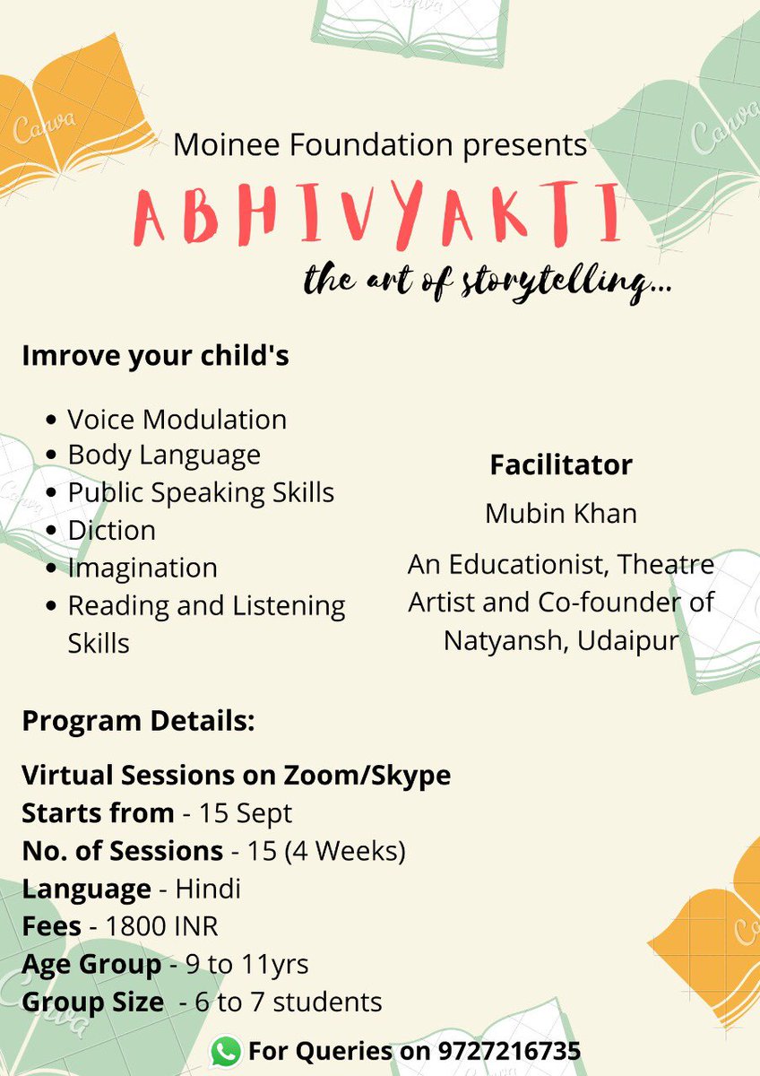 sadaharitaayush's tweet image. An interactive, online workshop designed to help children learn the art of storytelling. Please share it with those who you think might find this helpful. WhatsApp us on 9727216735.

#VoiceModulation #Diction #BodyLanguage #imagination #Reading #LearningSkill #publicspeaking