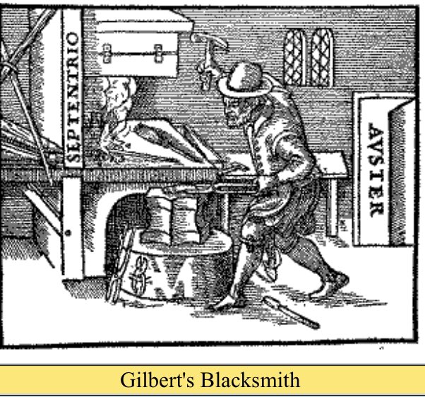 William Gilbert, also known as Gilberd, was an English physician, physicist & natural philosopher.The drawing is from Gilbert's book. The smith is hammering a bar of hot iron, as it cools down while lined up in the north-south direction.