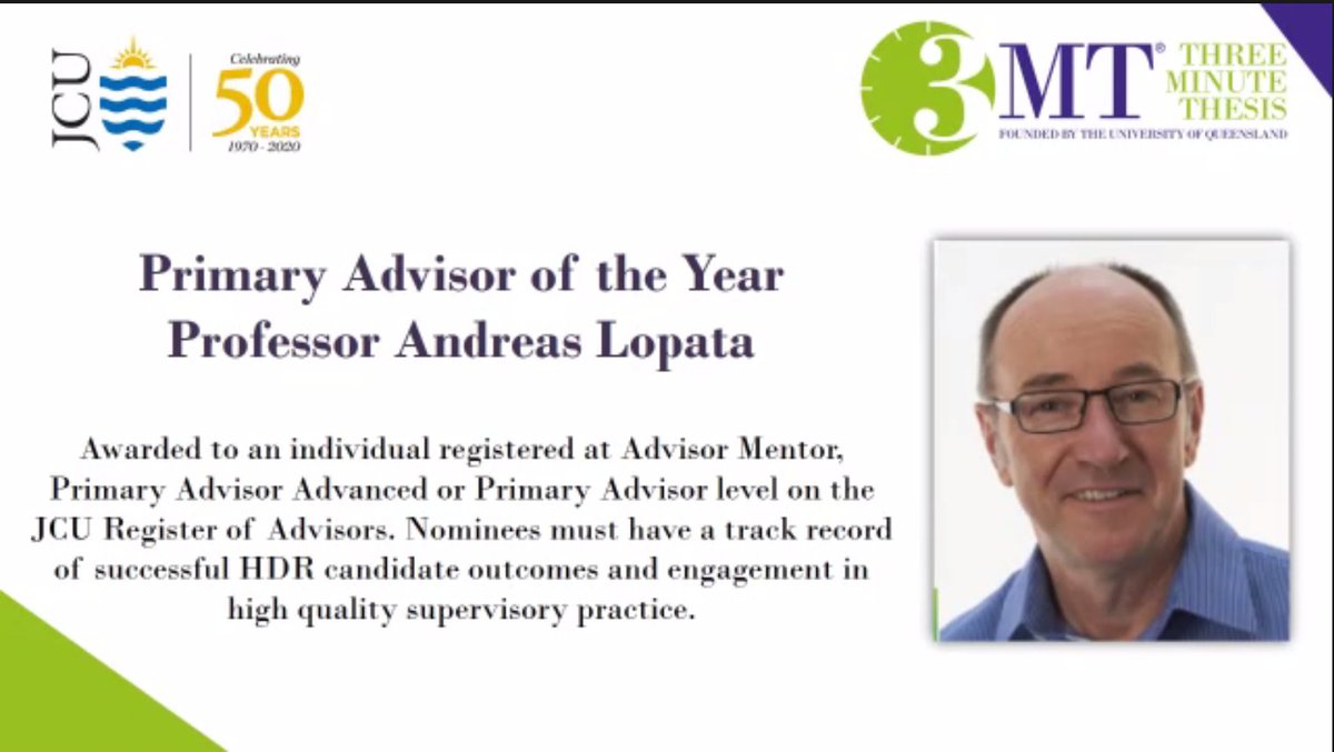 Congratulations to Prof Andreas Lopata for receiving the Primary Advisor of the Year Award. 😃

#MARLTeam #AITHM #CPHMVS #JCU
