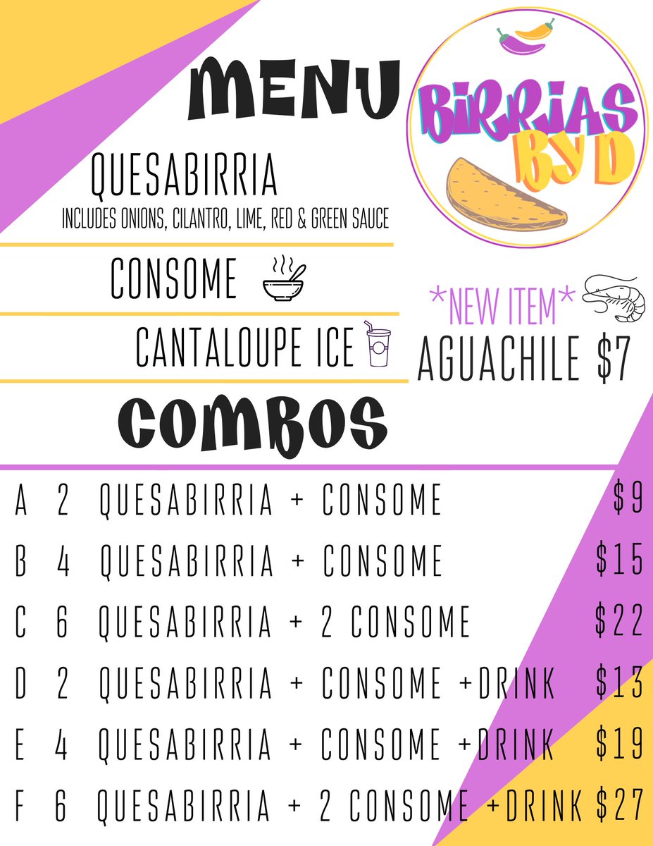 _dcdr's tweet image. woke up one day &amp;amp; decided to sell my take on birria tacos??? now i’m doing my second pop up? 🙈 grateful for this opportunity &amp;amp; for all the love and support! designed my logo &amp;amp; menu &amp;amp; love how it looks! SHOUT TO ALL THE SMALL BUSINESSES!! SO MUCH RESPECT FOR YALL 💛💛