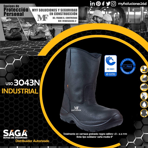 MyfSoluciones26's tweet photo. #myfsoluciones26d La #Botasaga #Modelo3043 Uso #Industrial #Soldador #Operador elaborada de puntera metálica con recubrimiento dieléctrico. De corte externo totalmente en cuero vaqueta color negro o color caroni calibre 1.8 - 2.0 mm. #Mérida https://t.co/zI2r8TFAKe