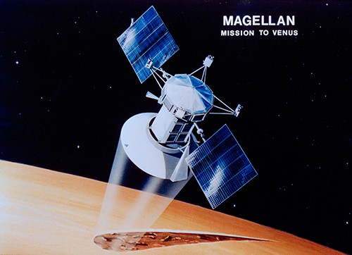dotglen's tweet photo. #Spacetember 4th (late): Magellan, the Venus orbiter obtained a comprehensive, high-resolution topographical map of Venus. Its big dish, used both for radar mapping and communicating with Earth, was originally manufactured as a spare for the Voyager probes. https://t.co/PfVYa31D8h