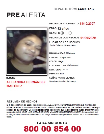 CNDH's tweet photo. Solicitamos su apoyo y #RT para la búsqueda y localización de Alejandra Hernández Martínez de 12 años de edad, vista por última vez el 1 de septiembre de 2020 en Santa Catarina, Nuevo León.
#PreAlertaAmber
#LesQueremosDeVuelta
#DeRegresoACasa
#HastaEncontrarles https://t.co/bbIrO79KnK