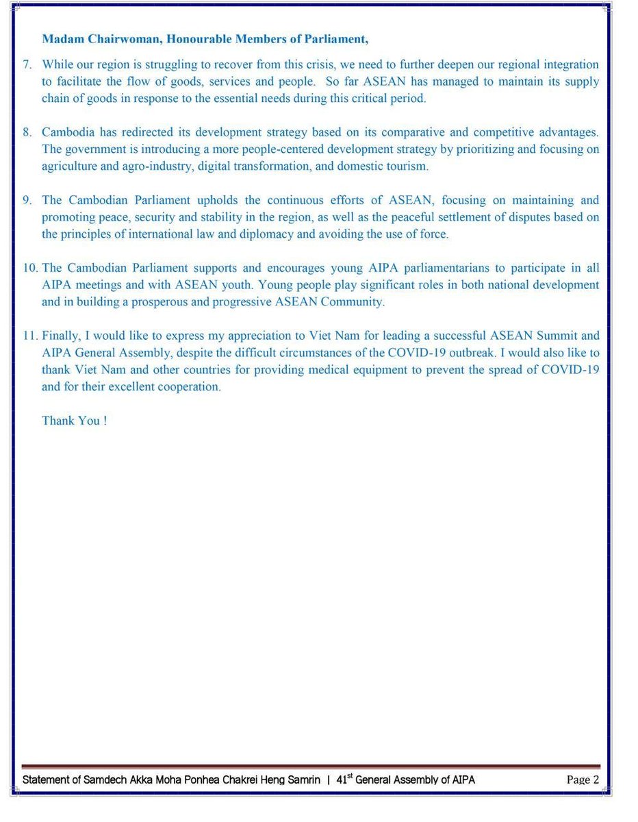Peace_Palace_KH's tweet photo. Statement by Samdech #HengSamrin, President of the National Assembly of the Kingdom of Cambodia on 41st @ASEAN Inter-Parliamentary Assembly via video teleconference in September 8-10, 2020, chaired by Vietnamese National Assembly Chairwoman H.E. #NguyenThiKimNgan https://t.co/yHZIWfN6JW