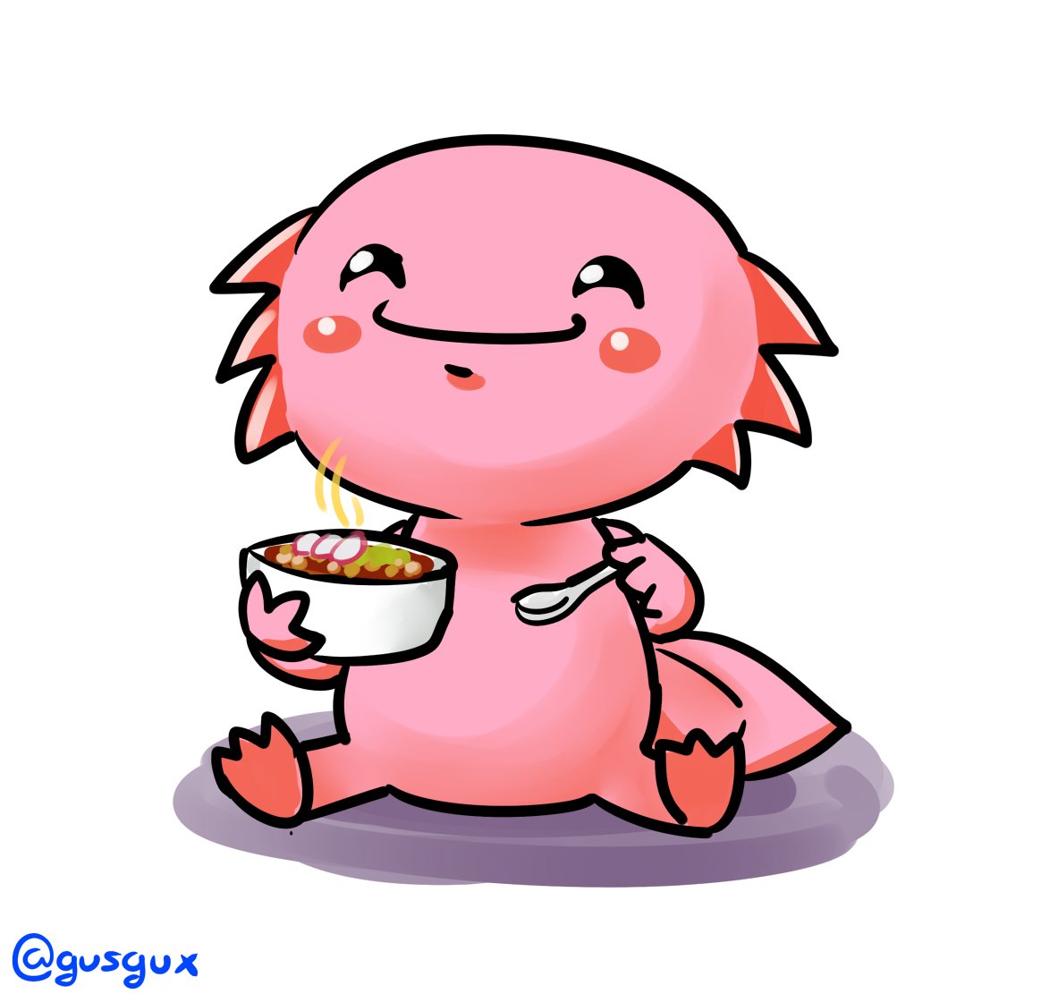 Gusgux's tweet photo. "@mpdab9 ¡Hola, Gus! ¿Podrías hacer un ajolotito comiendo un delicioso pozole, por favor?"

:) #HoraDeLosGarabujos https://t.co/dwWDAzCWzk