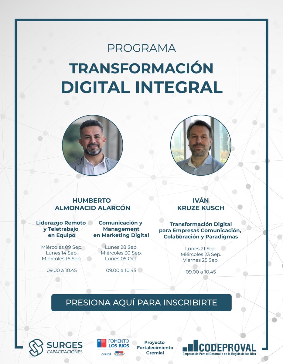 SurgesCapacita1's tweet photo. Compartimos un nuevo programa Transformación Digital Integral que será impartido para pymes y gremios de Codeproval. Valdivia, región de Los Ríos.
#cursos #cursosonline #talleres #capacitaciones #otec #transformaciondigital #programa #codeproval https://t.co/usXchRnviO
