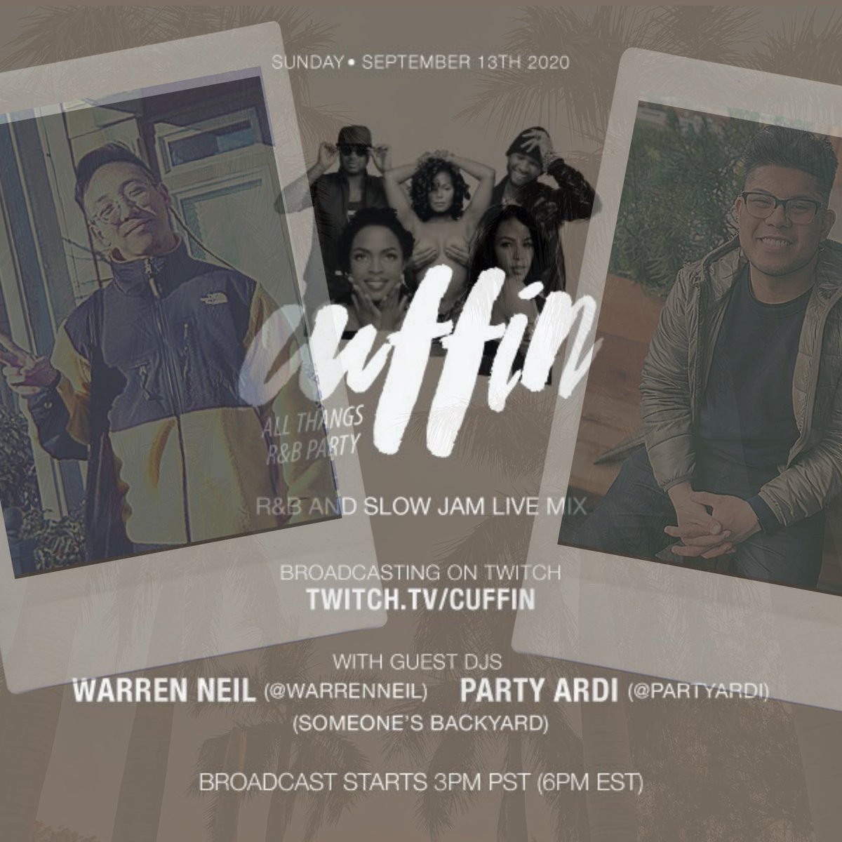 Party Ardi (@partyardi) on Twitter photo Stacked week for all thangs R&B right? Catch <a href="/Warren_neil/">Warren Neil</a> & I on Sunday 3pm PST.
*All streaming from twitch.tv/cuffin* Stacked week for all thangs R&B right? Catch <a href="/Warren_neil/">Warren Neil</a> & I on Sunday 3pm PST.
*All streaming from twitch.tv/cuffin*