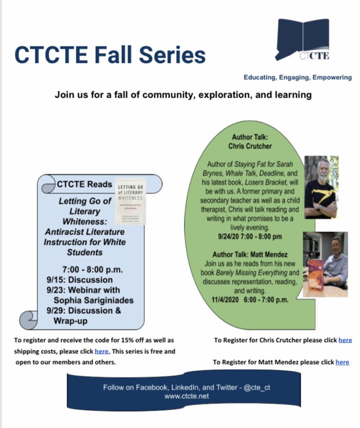 cte_ct's tweet photo. Starting the year off old school with book discussions and author talks. Take a break from the world of hybrid teaching for a minute and join us! #CTCTEAffiliates #NEATE https://t.co/GIxetM519t