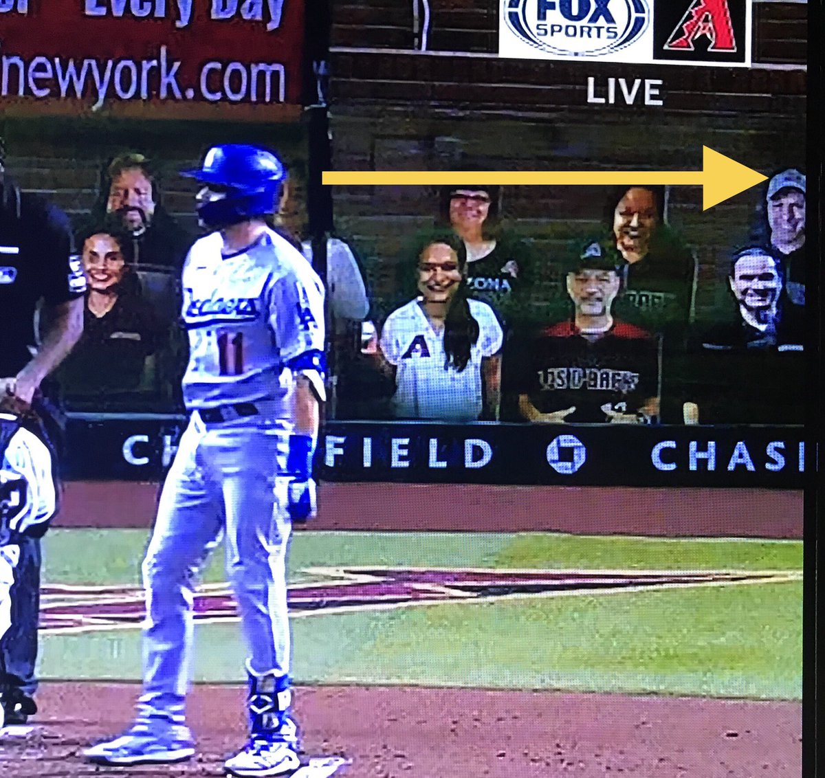 toddephx's tweet photo. Really enjoying tonight’s @Dbacks ⚾️ game behind home plate with my fellow @LosDbacks Ambassadors. “That’s me” in the upper far right corner!! #FindTodd #RattleOn #VamosDbacks https://t.co/LZjwRQtETB