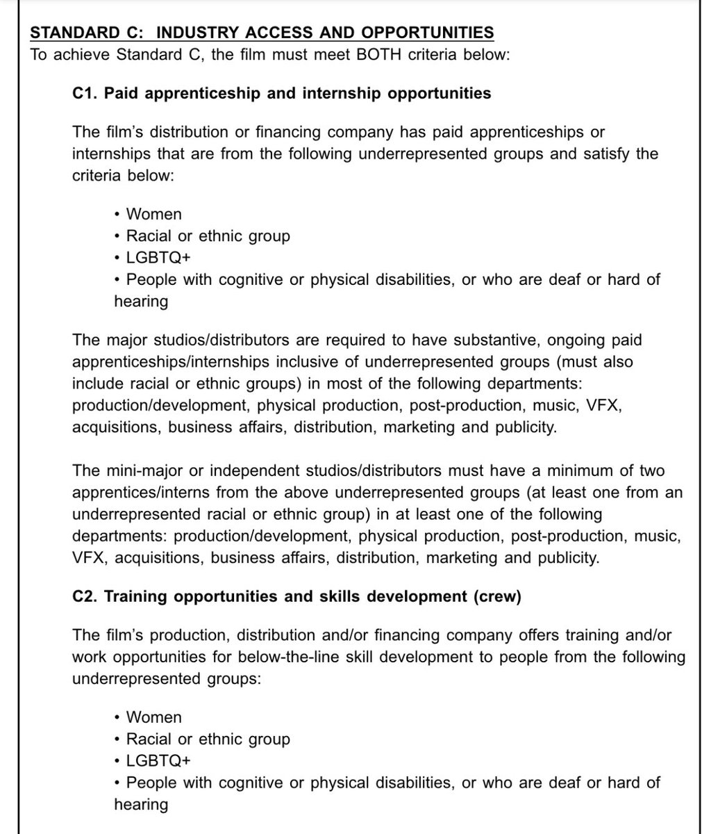 The more I look at this, the more I see that Standards C and D are so easy to meet — studios simply need a robust internship program and a marketing department that’s relatively diverse — that the films those studios distribute could remain pretty homogeneous and still qualify