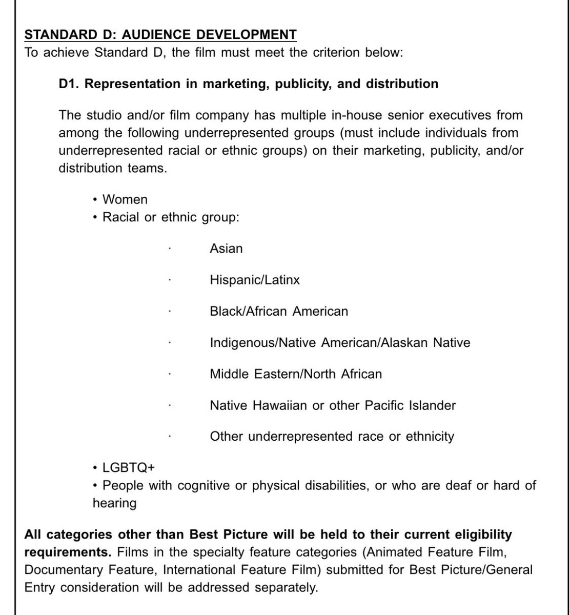 The more I look at this, the more I see that Standards C and D are so easy to meet — studios simply need a robust internship program and a marketing department that’s relatively diverse — that the films those studios distribute could remain pretty homogeneous and still qualify