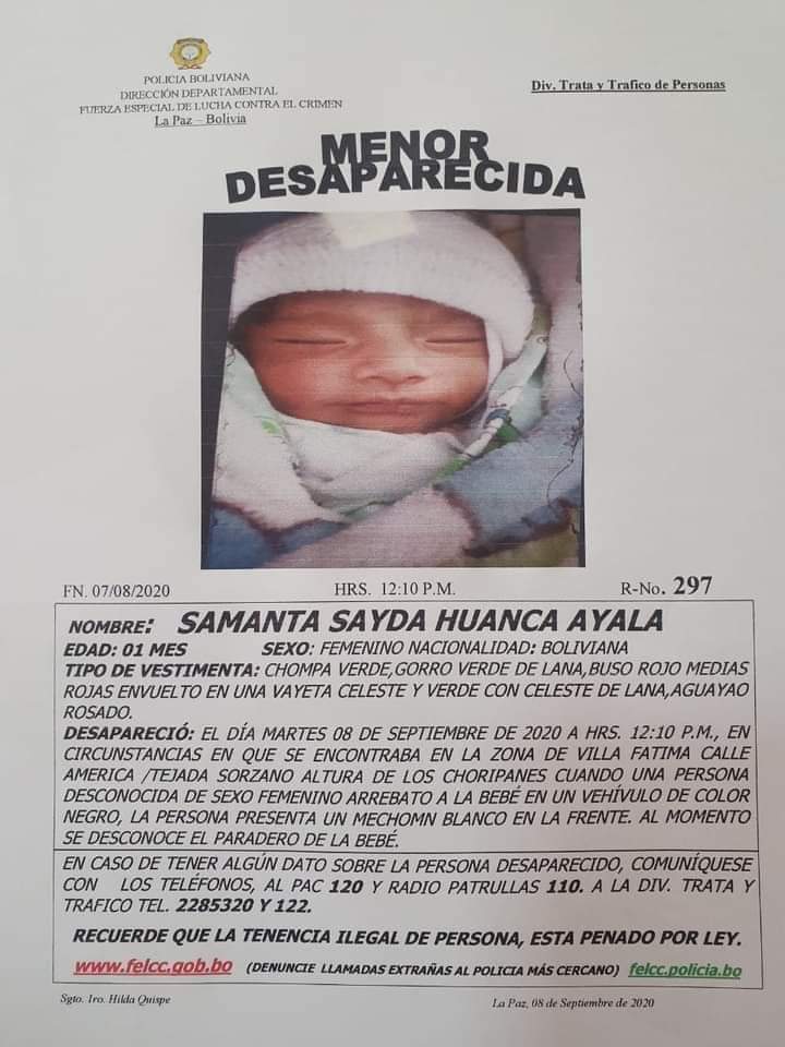 CiberWarmis's tweet photo. 📌#AYUDEMOS a buscar a la bebé Samanta.
#HOY la robaron en Villa Fatima #LaPaz
La mujer que se llevo a la bebé tiene un mechon blanco en la parte izquierda de la cabeza y cicatrices en las muñecas, aproximadamente tiene 40  años.
🔴 Cualquier información con la @Pol_Boliviana https://t.co/6NTGiMP2fV