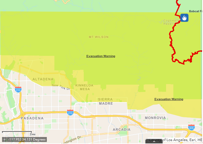 Here is the current evac warning map from the county emergency services on the  #BobcatFire: