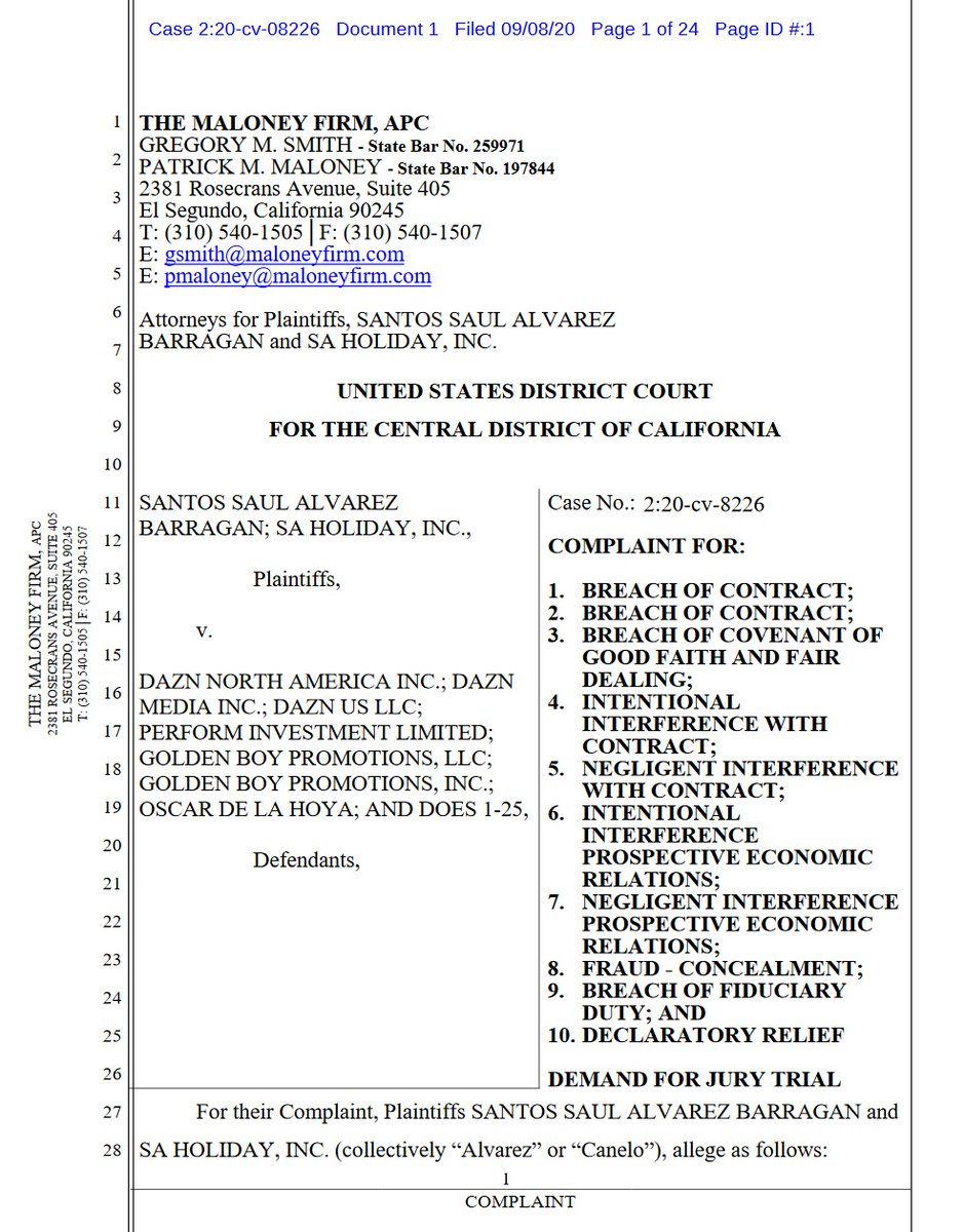 case 2:20-cv-08226 @canelo v  @dazngroup  @GoldenBoyBoxing  @OscarDeLaHoya first 4 pages of 24. 10 total complaintsdemand for jury trial #boxing  #boxeo