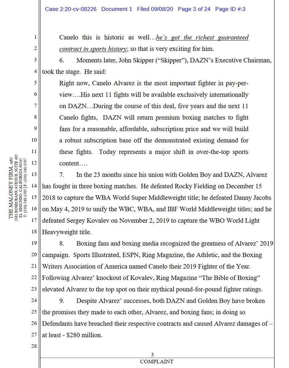case 2:20-cv-08226 @canelo v  @dazngroup  @GoldenBoyBoxing  @OscarDeLaHoya first 4 pages of 24. 10 total complaintsdemand for jury trial #boxing  #boxeo