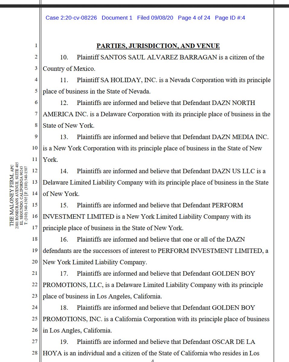 case 2:20-cv-08226 @canelo v  @dazngroup  @GoldenBoyBoxing  @OscarDeLaHoya first 4 pages of 24. 10 total complaintsdemand for jury trial #boxing  #boxeo