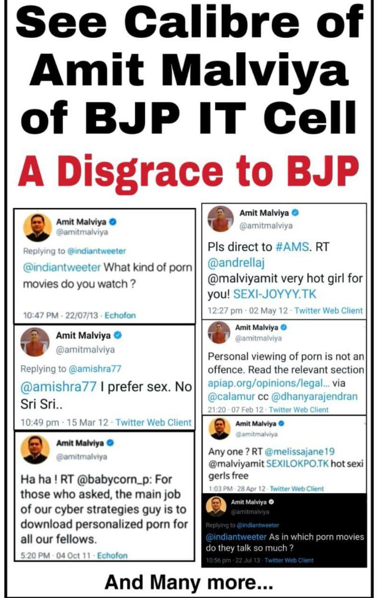 HinduDharma1's tweet photo. @Swamy39 Crook @amitmalviya is disgrace to @BJP4India @narendramodi @PMOIndia &amp; can have major image impact on BJP image globally due to his characterless Porn tweets
Such Morons should be shunted out with immediate effect to save Party Face @JPNadda @AmitShah @RSSorg @nitin_gadkari https://t.co/Tw5FznHTjk