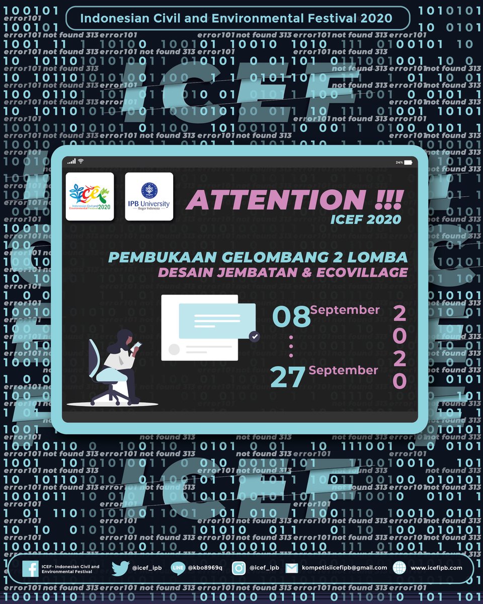 [GELOMBANG KEDUA]
Ayo daftarkan diri dan tim kalian!
Jangan sampai ketinggalan lagi!
Twitter &amp; IG: icef_ipb
Facebook : ICEF
Line@ : @444tqtlo
#ICEF2020 #SILIPB #Civil #Environmental #Engineering #AcaraIPB #LombaSipil #InfoLomba # LombaMahasiswa #TeknikSipil #TeknikLingkungan #