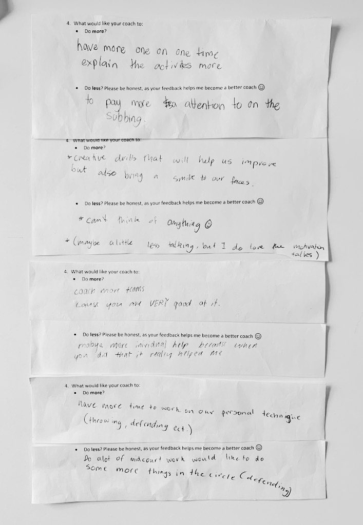 Q. What would you like your coach to do more? Individualised instruction and feedback Explain activities in greater detailQ. What would you like your coach to do less? Talk less! Pay greater attention to subbing/rotations #youthsport  #coaching