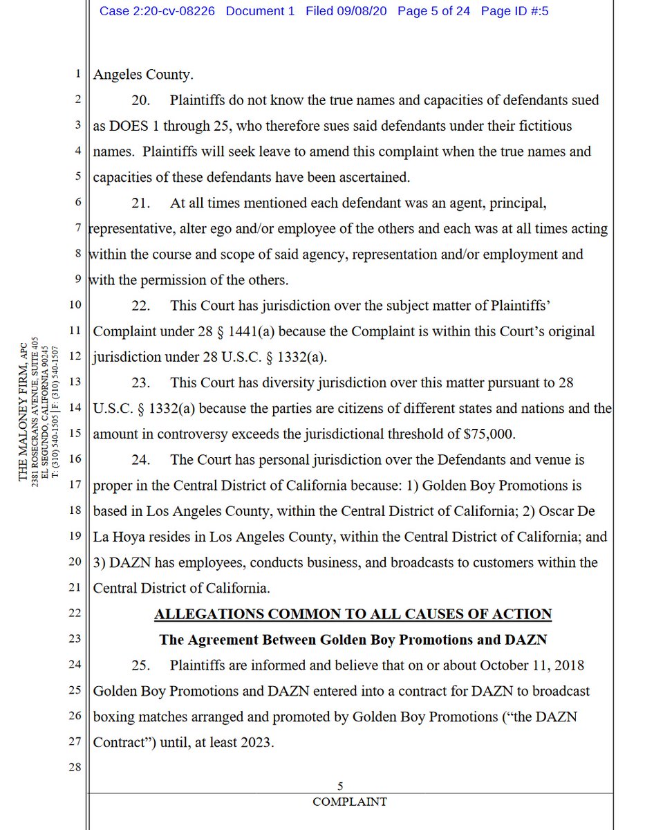 case 2:20-cv-08226 @canelo v  @dazngroup  @GoldenBoyBoxing  @OscarDeLaHoya first 4 pages of 24. 10 total complaintsdemand for jury trial #boxing  #boxeo