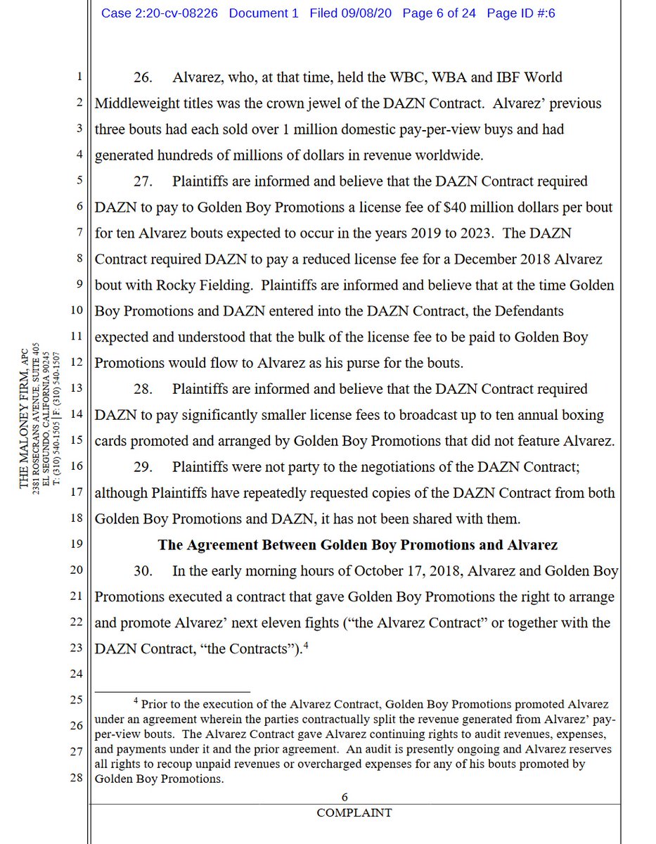 case 2:20-cv-08226 @canelo v  @dazngroup  @GoldenBoyBoxing  @OscarDeLaHoya first 4 pages of 24. 10 total complaintsdemand for jury trial #boxing  #boxeo