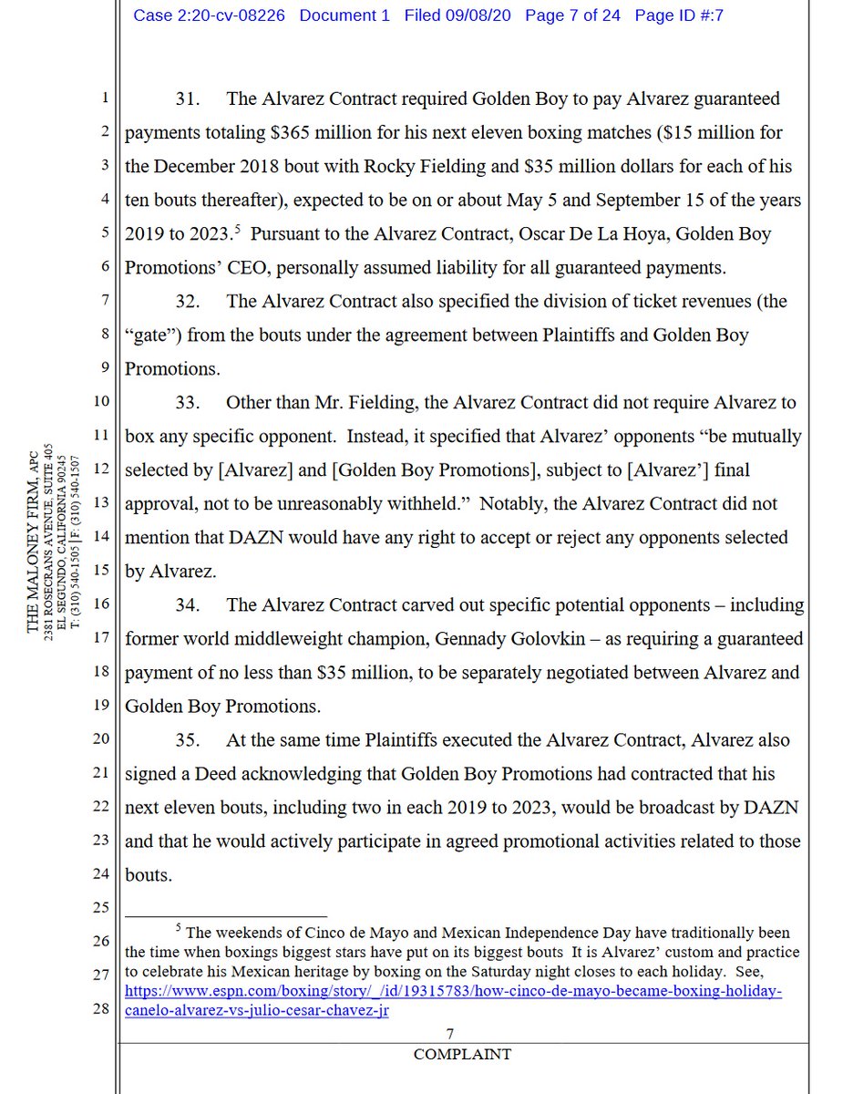 case 2:20-cv-08226 @canelo v  @dazngroup  @GoldenBoyBoxing  @OscarDeLaHoya first 4 pages of 24. 10 total complaintsdemand for jury trial #boxing  #boxeo