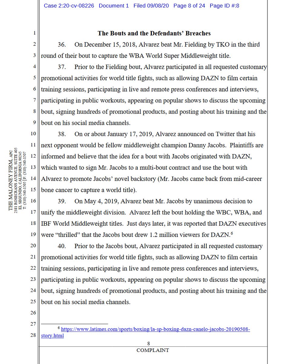 case 2:20-cv-08226 @canelo v  @dazngroup  @GoldenBoyBoxing  @OscarDeLaHoya first 4 pages of 24. 10 total complaintsdemand for jury trial #boxing  #boxeo