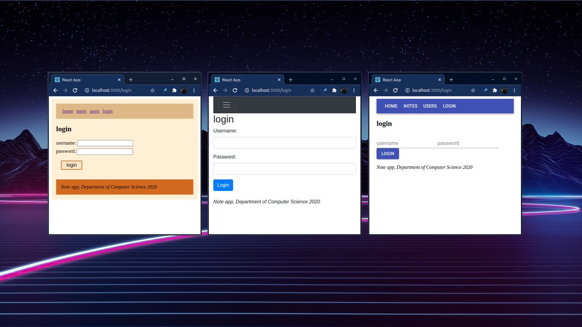 EntwistleOx's tweet image. #100DaysOfCode - Day 14

✨Fullstack Open part 7, More about styles: react bootstrap, material ui, styled components... and others, here a little practice, which do you prefer? ✨
#FullStackOpen #React #reactjs #materialdesign #styledcomponents #bootstrap4 @moocfi @helsinkiuni