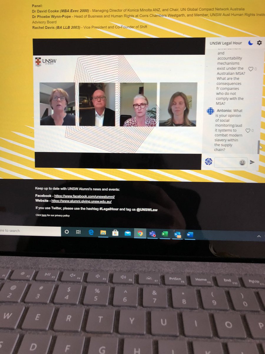 Karina_Roberts's tweet photo. The clothes we wear, the coffee we drink, the food we eat are all end products of supply chains tainted by modern slavery. Great listening to a rich discussion on this at Legal Hour 2020. Thanks to the panelists, host @AndrewLynchUNSW and moderator @justine_nolan #unswlaw https://t.co/xdDPACZgGd