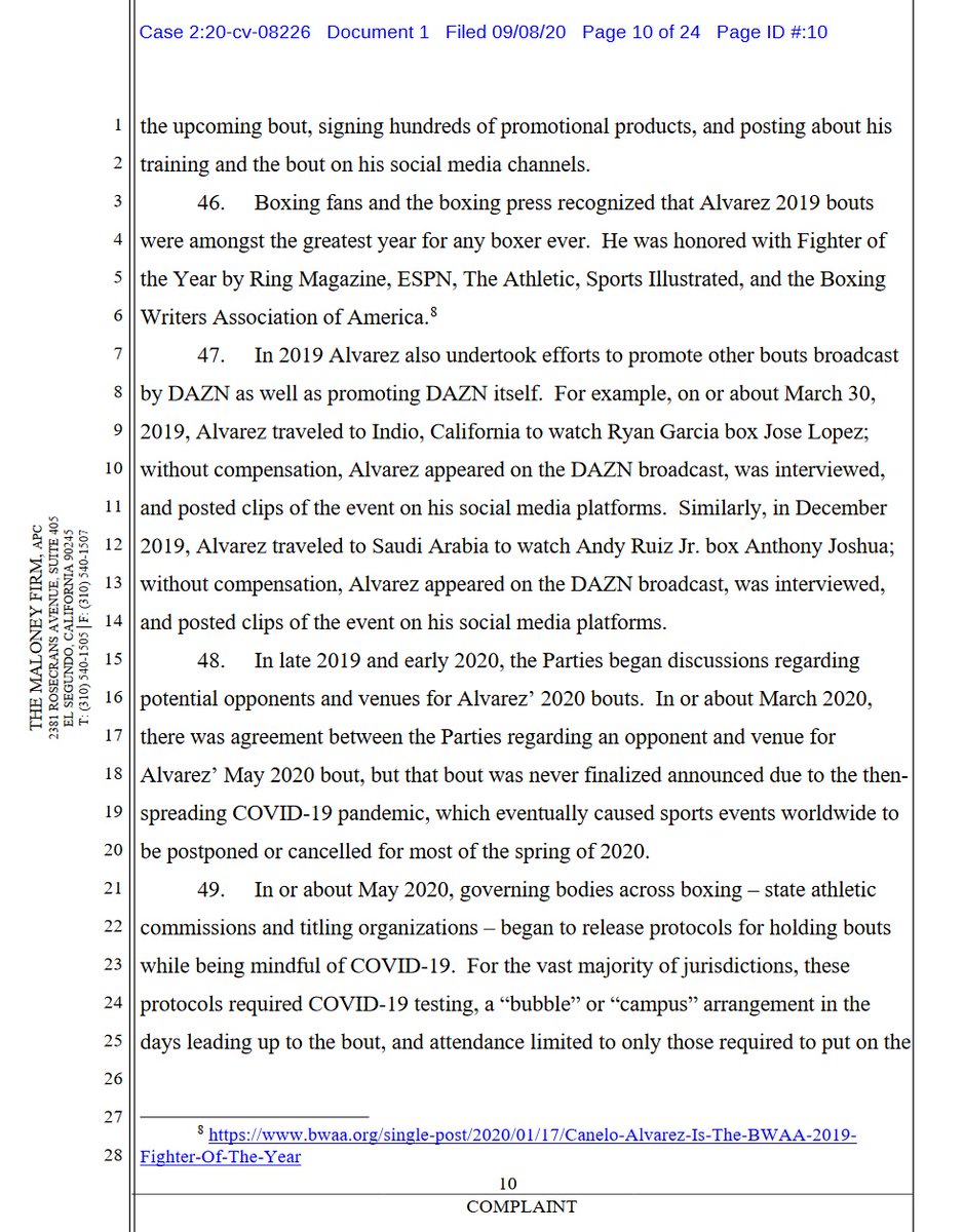 case 2:20-cv-08226 @canelo v  @dazngroup  @GoldenBoyBoxing  @OscarDeLaHoya first 4 pages of 24. 10 total complaintsdemand for jury trial #boxing  #boxeo