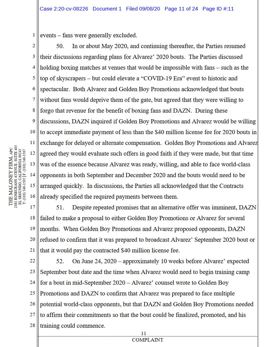 case 2:20-cv-08226 @canelo v  @dazngroup  @GoldenBoyBoxing  @OscarDeLaHoya first 4 pages of 24. 10 total complaintsdemand for jury trial #boxing  #boxeo