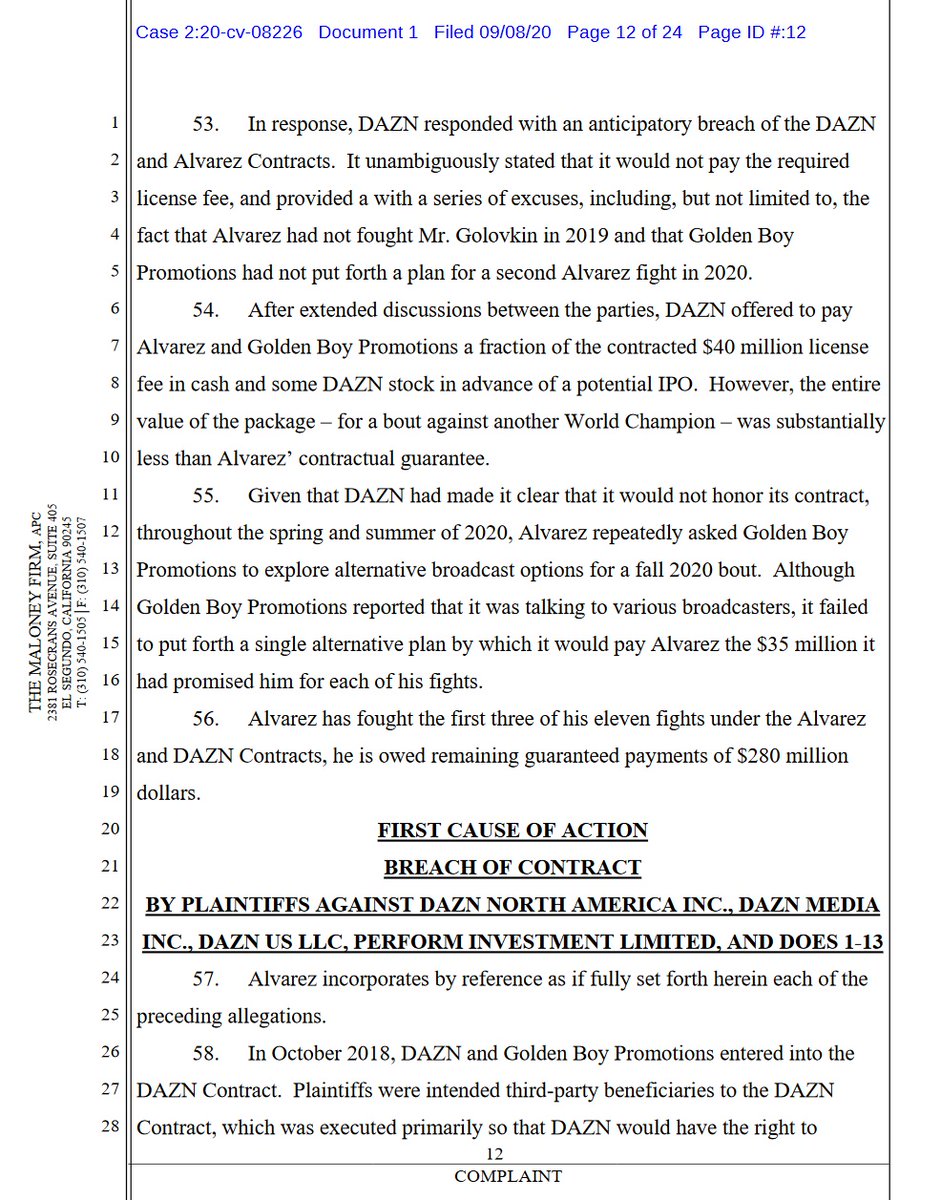 case 2:20-cv-08226 @canelo v  @dazngroup  @GoldenBoyBoxing  @OscarDeLaHoya first 4 pages of 24. 10 total complaintsdemand for jury trial #boxing  #boxeo