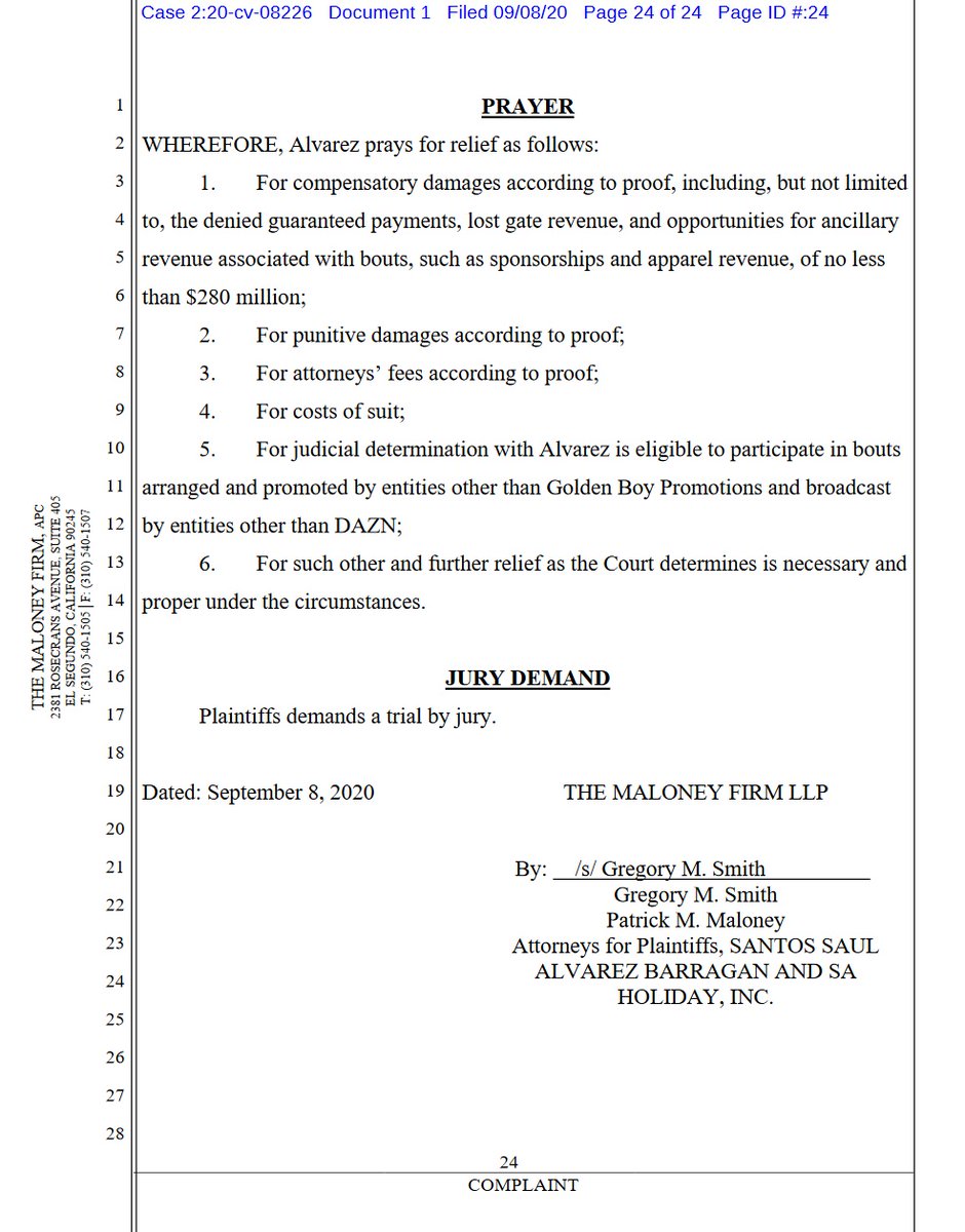 case 2:20-cv-08226 @canelo v  @dazngroup  @GoldenBoyBoxing  @OscarDeLaHoya first 4 pages of 24. 10 total complaintsdemand for jury trial #boxing  #boxeo