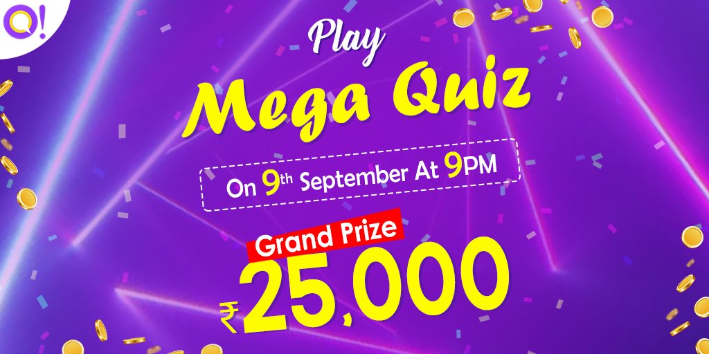 GoQureka's tweet photo. 9 baje ka vaar, Mega Quiz for ₹25,000 | Play Mega quiz &amp; win Paytm money at 9PM Today.
#megaquiz #KheloFastJeetoFast #MegaQuiz #Qureka #WednesdayWisdom #WednesdayMotivation #WednesdayThoughts #quiz #guess #knowledge  #StayHomeStaySafe https://t.co/07CxWonfMU